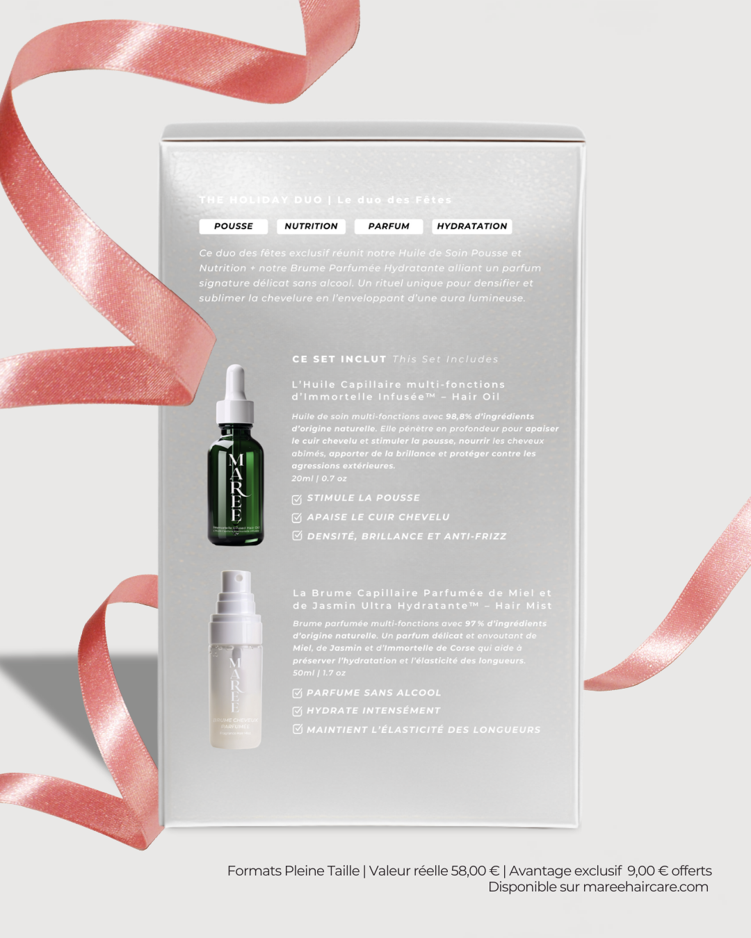 Coffret cadeau Saint-Valentin cheveux bio : Huile à l'Immortelle 20ml + Brume parfumée 50ml. Soins naturels pour cheveux sublimés. Valeur 58€ à 49€. Livraison offerte.